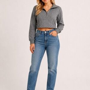 Cropped Quarter Zip Pullover Gray Athleisure Sporty Minimalist Women's Top
